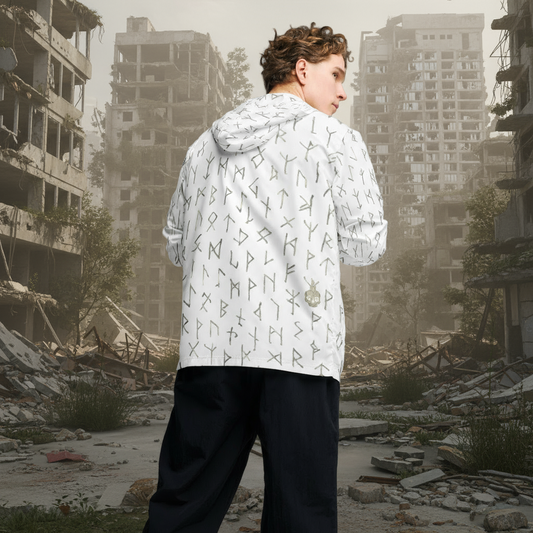 Giacca a vento con stampa all over uomo. Rune per la sopravvivenza