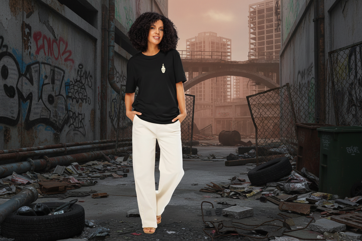 “MasaMortis organic black tee – logo teschio candela MM, streetwear dark post apocalittico”